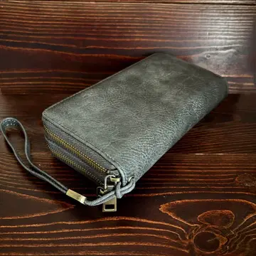 E3 이탈리아 가죽 천연 가죽 얼룩 염색 지갑 더블 지퍼 오거나이저 블랙