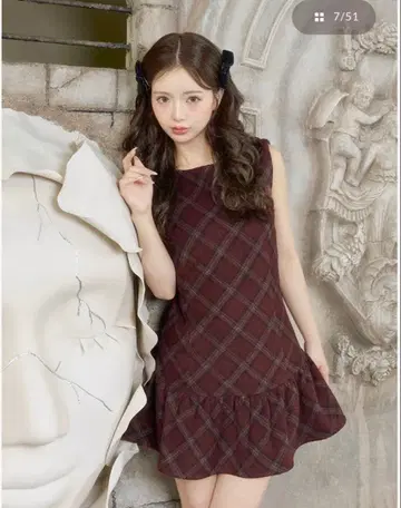 다리치 타탄 체크 슬리브리스 미니 원피스