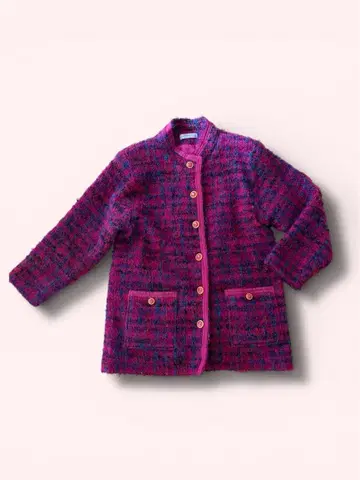 여성용 트위드 자켓 노카라 핑크 계열 골드 버튼 세련된 구제 의류