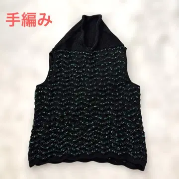 손뜨개질 니트 베스트 블랙 그린 라메사