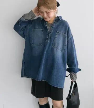 PUAL CE CIN 빈티지 스타일 데님 튜닉 셔츠 미사용품