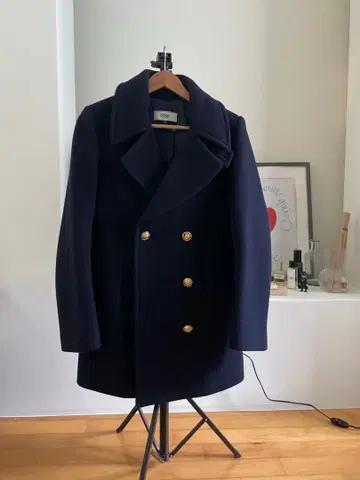 울 더블 브레스트 코트 네이비