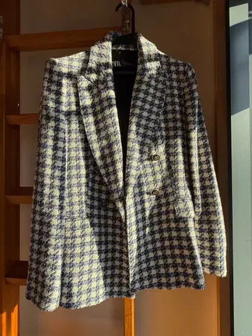 ZARA 네이비 아이보리 체크 테일러드 자켓