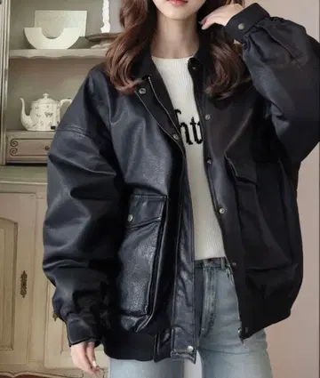 자바 L 사이즈 페이크 가죽 빈티지 오버 사이즈 블루종