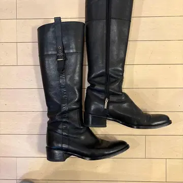 블랙 가죽 롱 부츠 지퍼 포함