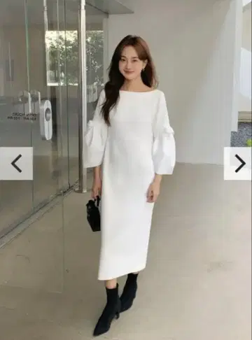 퍼프 리본 미디 드레스 화이트