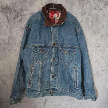 90s 데님 자켓 가죽 옷깃 체크 안감 데님 자켓