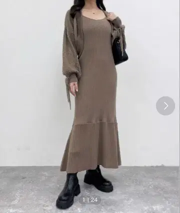 브라운 리브 편직 셋업 (가디건 포함)