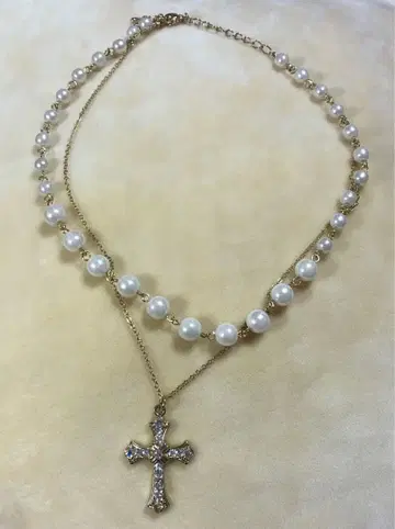 펄 골드 크로스 목걸이 로사리오 십자가 2연 목걸이
