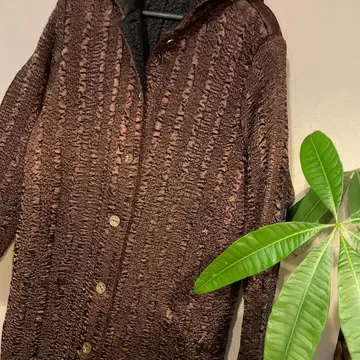 [컨디션 최상] 실크 후드 롱 코트 브라운 x 블랙 리버서블