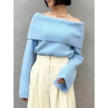 러그나무 문 오프숄더 민트 블루 스카이블루 니트