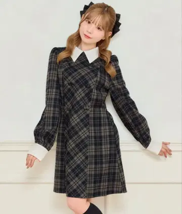 apres jour 체크 퍼프 슬리브 원피스