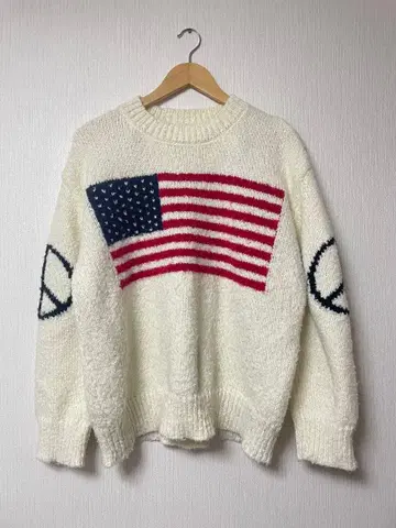 미국 국기 피스 마크 니트 스웨터 아이보리