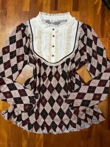 00s y2k axes femme 히메카지 체크 무늬 프릴 긴팔 상의