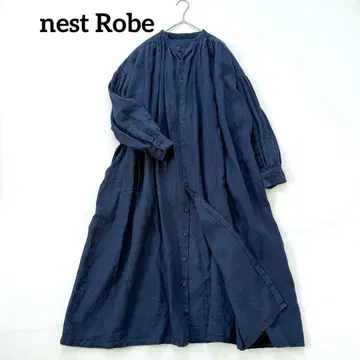 네스트로브 린넨 개더 스모그 원피스 스탠드 카라 프론트 오픈 네이비