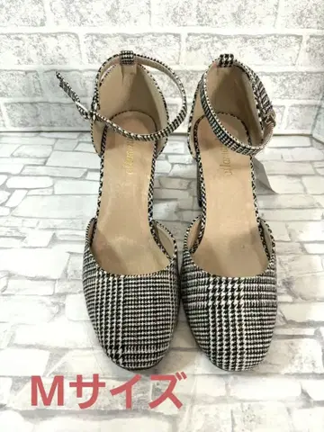 체크 무늬 앵클 스트랩 펌프스 청키 힐 트위드 고급