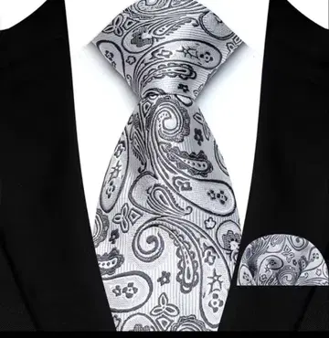 페이즐리 실버 넥타이 포켓 치프 포함 146cm