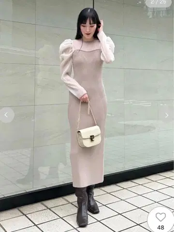 FRAY I.D 오간자 슬리브 니트 콤비 원피스