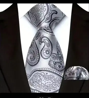 실버 페이즐리 넥타이 세트 포켓 치프 포함