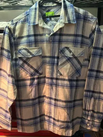 HUF 블루 화이트 체크 무늬 긴팔 플란넬 셔츠 L 사이즈