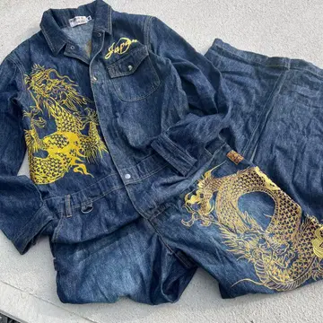 카라쿠리타마시 츠나기 올인원 자수 용 자수 데님 골드 일본풍 패턴