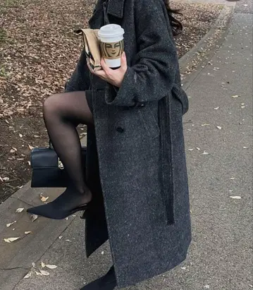 다크 그레이 더블 브레스트 롱 코트