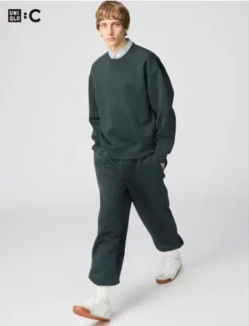 유니클로C 다크 그린 와이드 스웨트 팬츠