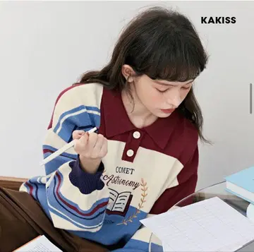 KAKISS KUOSE 멀티 컬러 스트라이프 폴로 니트 상의
