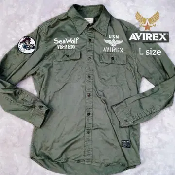 AVIREX USN 밀리터리 셔츠 L 자수 와펜 카키