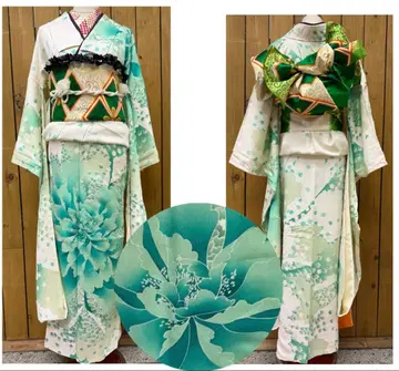 그린 컬러 꽃무늬 후리소데 기모노