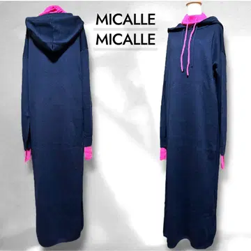 미사용 새상품 미카레 후드 부착 니트 배색 롱 원피스 네이비와 핑크