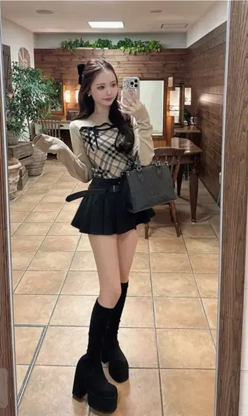 새상품 체크 무늬 프론트 오픈 리본 니트탑 [ru1374]