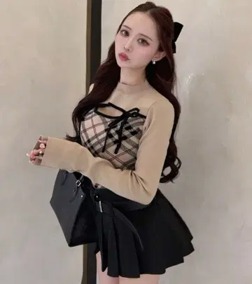 새상품 체크 무늬 프론트 오픈 리본 니트탑 [ru1374]