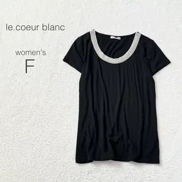[르 쿠르 블랑] T셔츠 반팔 라운드넥 비즈 장식 와시 혼방 깔끔한 블랙