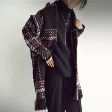 [ 완판템 ] 안티카 프린지 체크 코트 antiqua 자수 트위드