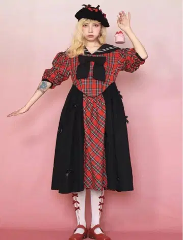 arcana archive 실조 체크 무늬 세일러 카라 원피스 M 사이즈