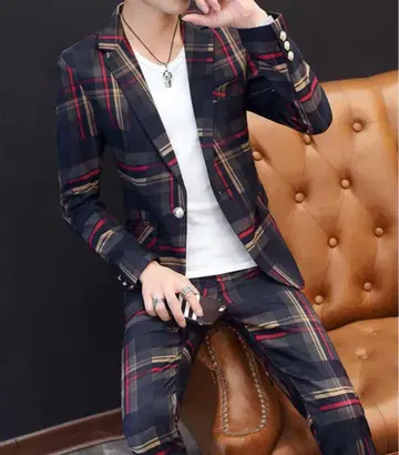 체크 무늬 캐주얼 수트 네이비 M