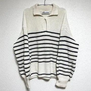 ZARA 자라 오버 사이즈 니트 폴로 스웨터 보더 아이보리