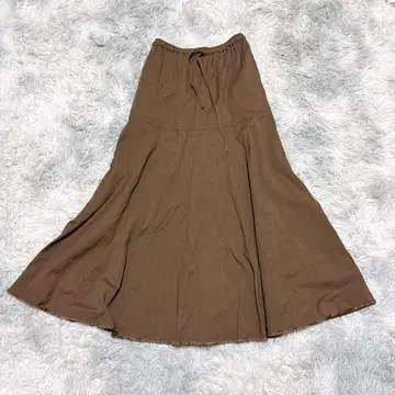 INED 9 롱 스커트 플레어 린넨 브라운 프린지 출퇴근