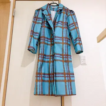 Yi Pin Tang 체크 무늬 롱 코트 터콰이즈 블루 퀼팅