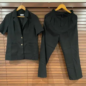 CENEA 린넨 혼방 반팔 자켓 + 하이웨스트 팬츠 셋업 블랙 M