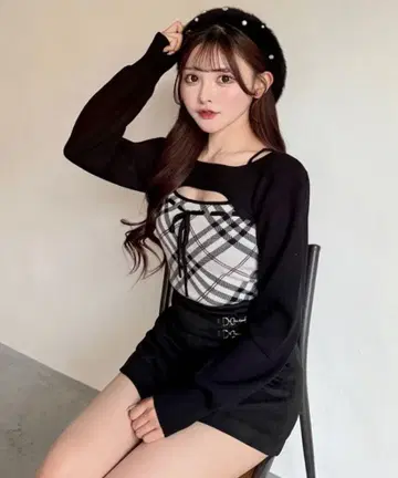 NOMAE 체크 리본 숏 레이어드 니트