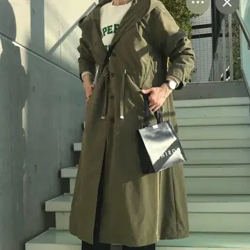 SLOBE 카키 후드 부착 롱 코트