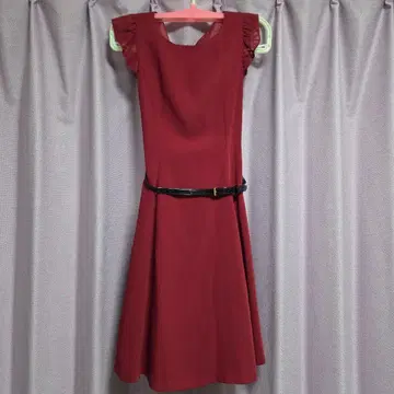 버건디 프릴 소매 A라인 드레스 36