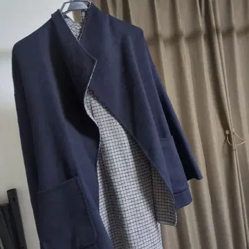 네이비 플리스 롱 코트 체크 리버서블