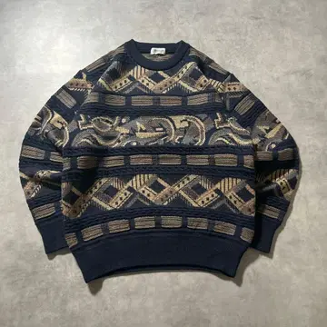 빈티지 네이비 올 패턴 기하학 디자인 레트로 니트 스웨터