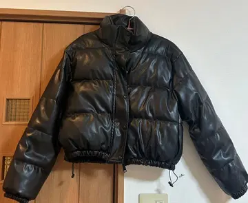 블랙 숏 기장 가죽 다운 자켓 M