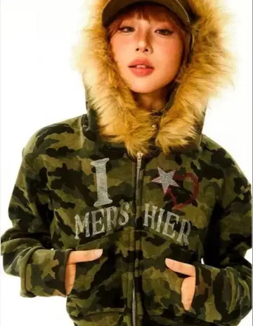 카모플라쥬 퍼 자켓 후드티 짧은 기장 y2k 그런지
