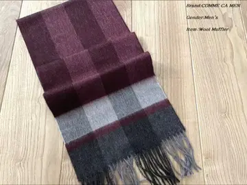 미사용품 COMME CA MEN 꼼사맨 체크 무늬 울 머플러 와인