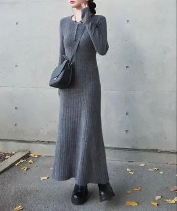 LAULEN 헨리넥 그레이 롱 리브 원피스